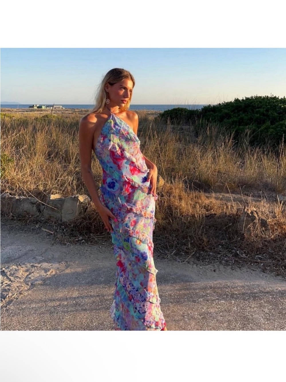 Zara Colorful Ruffle Maxi Dress Open Back XS